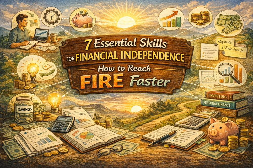 A vibrant digital illustration summarizing the concept of reaching FIRE (Financial Independence, Retire Early) faster. The image features the title "7 Essential Skills for Financial Independence: How to Reach FIRE Faster" on a wooden sign, surrounded by key symbols representing skills for financial success. Icons include a piggy bank, time management, savings, investment charts, side hustles, and financial planning. In the background, a person is working at a desk, with the warm colors of a sunset and rolling hills creating a focused, hopeful atmosphere.
