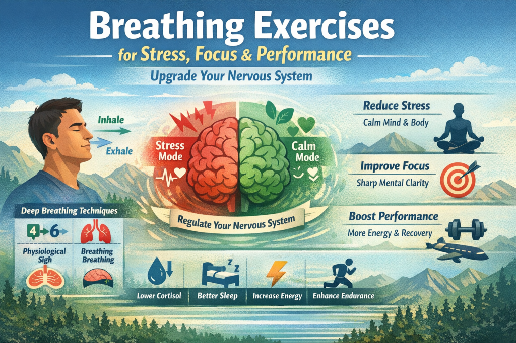 Infographic-style landscape illustration titled “Breathing Exercises for Stress, Focus & Performance – Upgrade Your Nervous System,” showing a man practicing deep breathing, a split brain labeled stress mode and calm mode, and icons representing reduced stress, improved focus, better sleep, energy, endurance, and nervous system regulation against a mountain backdrop.