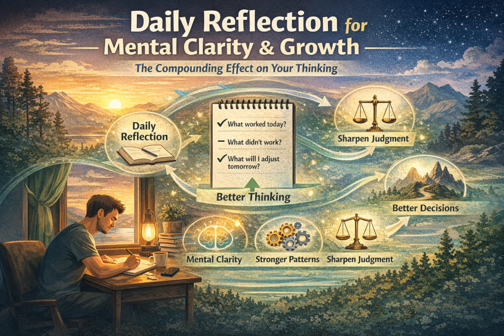 Landscape hero illustration titled “Daily Reflection for Mental Clarity & Growth: The Compounding Effect on Your Thinking,” showing a person journaling at a desk by a window at sunset, with visual elements connecting daily reflection prompts to improved mental clarity, stronger pattern recognition, sharper judgment, and better decision-making against a mountain backdrop transitioning from day to night.