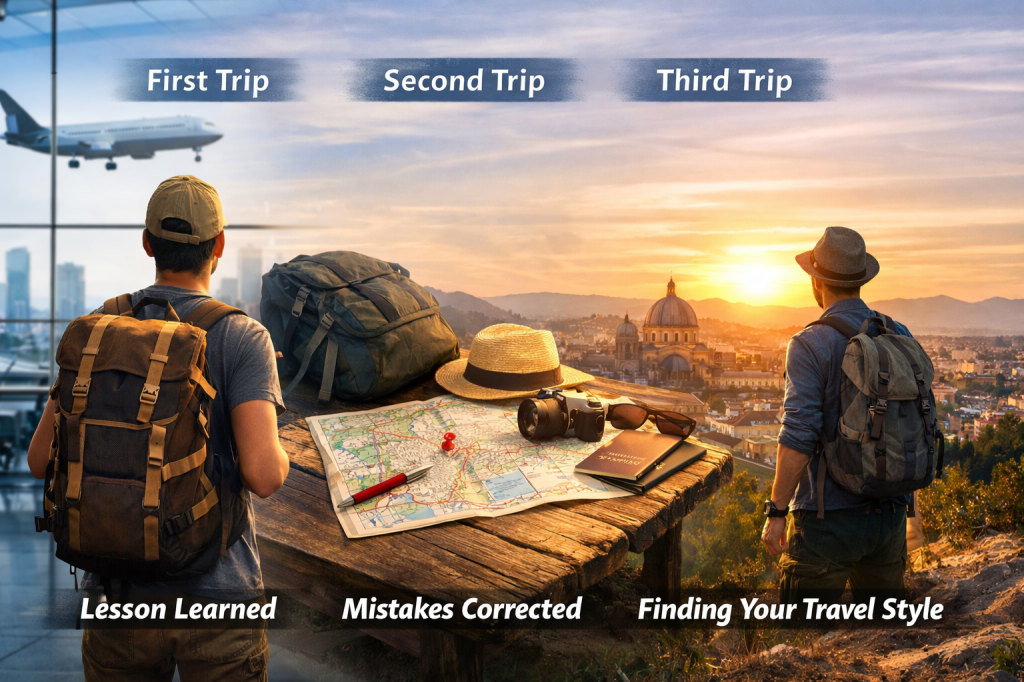 A panoramic digital collage showing a traveler standing in an airport terminal at sunrise, a desk with a map, journal, and camera representing early planning and learning, and a scenic overlook of a city—symbolizing how the first three trips shape confidence, skill, and personal growth more than the many journeys that follow.