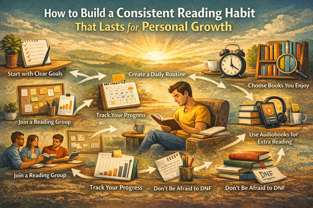 A vibrant digital illustration summarizing steps to build a consistent reading habit for personal growth. The image shows a young man reading in a cozy armchair, surrounded by icons and arrows representing key actions: Start with Clear Goals, Create a Daily Routine, Track Your Progress, Choose Books You Enjoy, Use Audiobooks for Extra Reading, Join a Reading Group, and Don’t Be Afraid to DNF, all set against a warm sunrise backdrop and peaceful landscape.