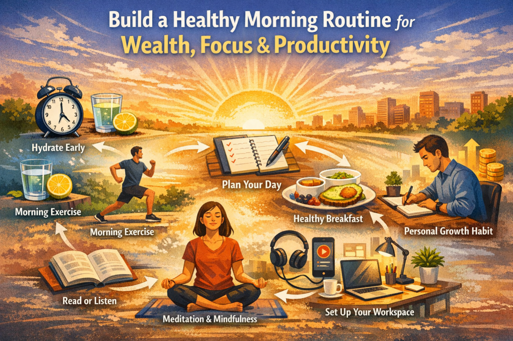 A vibrant digital illustration summarizing a healthy morning routine for wealth, focus, and productivity. The image features key activities: Hydrate Early, Morning Exercise, Meditation & Mindfulness, Plan Your Day, Healthy Breakfast, Read or Listen, Set Up Your Workspace, and Personal Growth Habit, with arrows guiding through each, set against a warm sunrise backdrop and a city skyline.