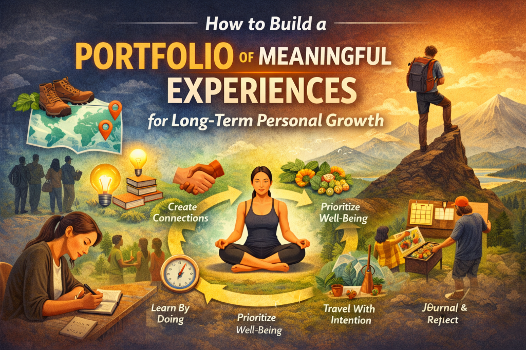 A digital illustration summarizing the blog "How to Build a Portfolio of Meaningful Experiences for Long-Term Personal Growth." The image shows key elements of personal development, including a woman meditating, a man standing triumphantly on a mountain, and various icons symbolizing experiences like volunteering, traveling, learning by doing, and journaling. The image highlights the importance of creating connections, prioritizing well-being, and traveling with intention as part of building a meaningful life portfolio.