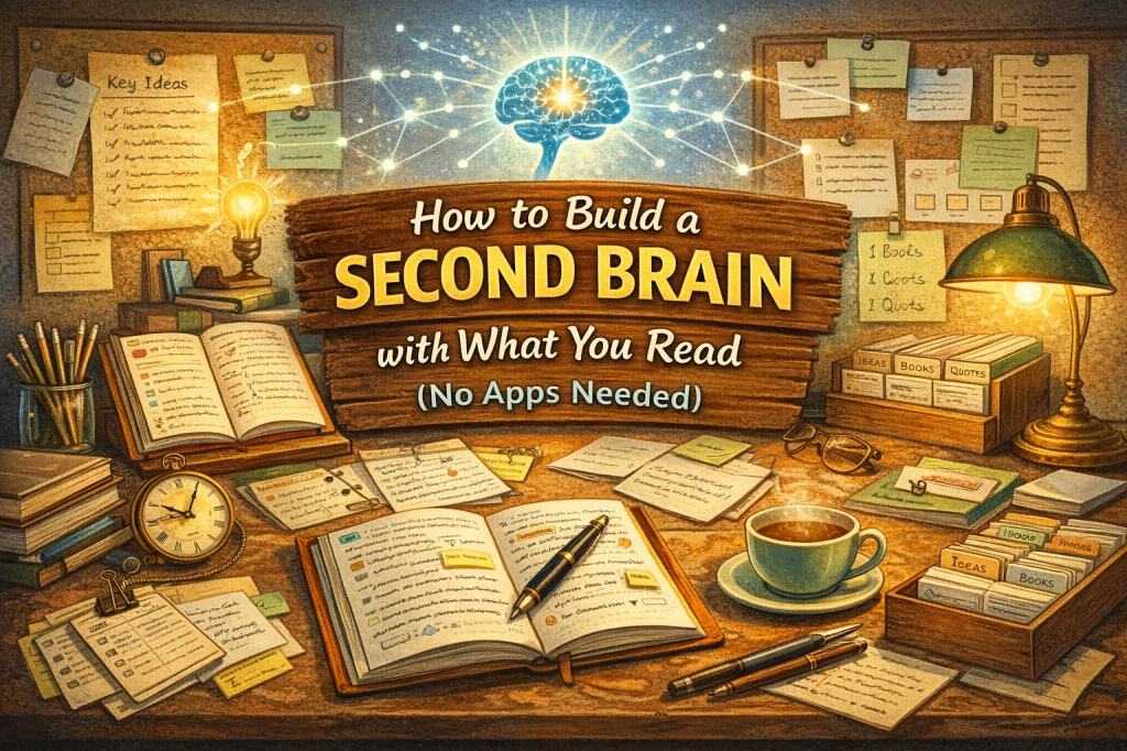 A detailed digital illustration summarizing the concept of building a second brain with what you read, without the use of apps. The image features a vintage wooden sign with the title "How to Build a Second Brain with What You Read (No Apps Needed)," surrounded by a cozy desk setup. The desk includes open books, sticky notes, a fountain pen, a clock, and various labeled index cards organized by themes like "Books," "Ideas," and "Quotes." Glowing lines connect these elements to a glowing brain, symbolizing the process of organizing and synthesizing knowledge.
