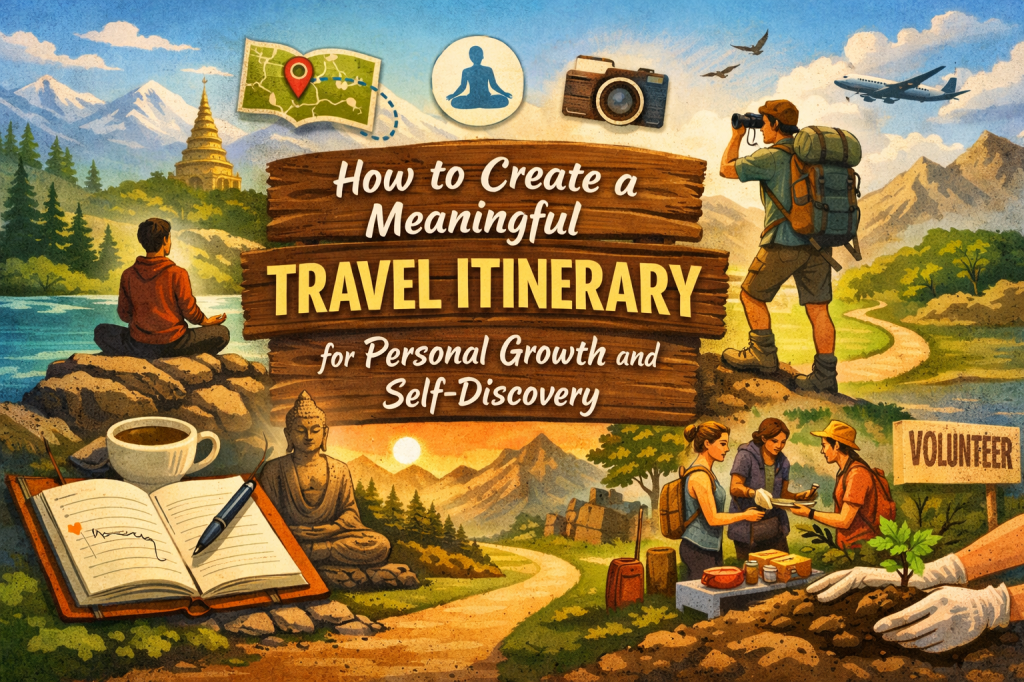 A vibrant digital illustration summarizing the theme of meaningful travel for personal growth. It features a backpacker exploring nature, a serene meditation scene, and a group volunteering. Central to the image is the title "How to Create a Meaningful Travel Itinerary for Personal Growth and Self-Discovery," surrounded by elements like a journal, coffee cup, a Buddha statue, a camera, and a map, all evoking a sense of adventure, reflection, and self-discovery.