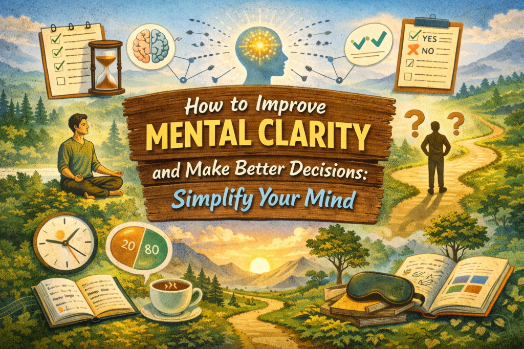 A digital illustration summarizing the theme of improving mental clarity and decision-making. The image features the title "How to Improve Mental Clarity and Make Better Decisions: Simplify Your Mind" on a wooden sign. It shows a serene landscape with a person meditating, a person at a fork in the road pondering decisions, and symbolic elements like a to-do list, a clock, a brain, and decision-making icons. Other elements include a cup of coffee, a pie chart representing the 80/20 rule, and an open book, emphasizing clarity, focus, and mindful decision-making.
