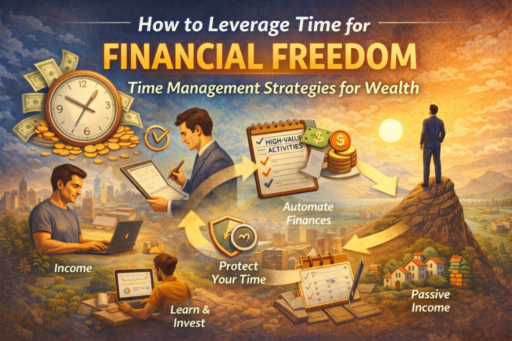 A digital illustration summarizing the blog "How to Leverage Time for Financial Freedom: Time Management Strategies for Wealth." The image features a serene background with a blue sky transitioning into a golden sunset. It showcases the power of time management with symbols of clocks, money, and individuals managing their income, automating finances, learning, and investing. The illustration emphasizes high-value activities, protecting time, and building passive income, symbolizing the journey toward financial freedom.