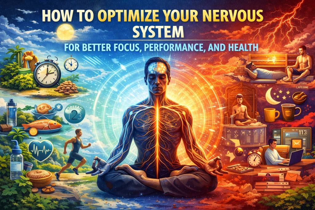 A digital illustration showing a man meditating to optimize his nervous system for better focus, performance, and health. His silhouette is filled with a glowing brain, symbolizing mental clarity. The background transitions from calming blues on the left, representing relaxation, to fiery reds on the right, symbolizing energy and performance. Surrounding the man are icons representing activities such as exercise, nutrition (fish, water, and fruits), mindfulness (meditation and sleep), and the impact of stimulants like caffeine. The image highlights the balance between relaxation, activity, and recovery to optimize nervous system health.