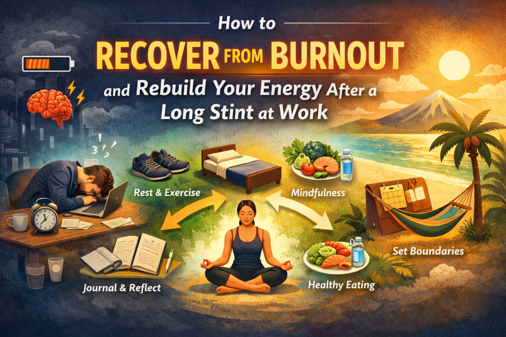 A digital illustration summarizing the journey from burnout recovery to restored energy. The image shows a person at a desk, overwhelmed and exhausted, transitioning through steps like rest, exercise, journaling, mindfulness, healthy eating, and setting boundaries. The journey ends with a peaceful beach scene, symbolizing relaxation and balance, with a hammock representing the importance of taking time for self-care.