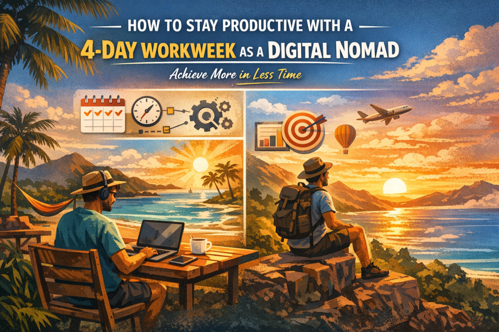 A digital illustration summarizing the blog 'How to Stay Productive with a 4-Day Workweek as a Digital Nomad.' The image shows a digital nomad working on a laptop at a wooden table with productivity icons like a calendar, clock, and gears. In the background, a traveler enjoys the sunset, with symbols of travel like an airplane and a hot air balloon. The tropical beach setting conveys a balance of work and relaxation, reflecting the concept of a 4-day workweek for digital nomads.