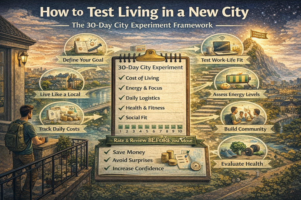 Landscape infographic-style illustration titled “How to Test Living in a New City: The 30-Day City Experiment Framework,” showing a person with a backpack standing on a balcony overlooking a city at sunset, alongside a central checklist evaluating cost of living, energy and focus, daily logistics, health and fitness, and social fit, with surrounding icons representing goal-setting, work-life testing, tracking expenses, building community, and evaluating health before committing to a move.