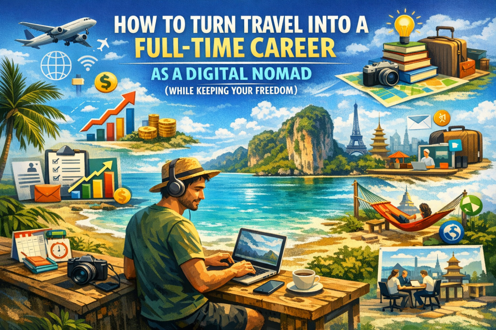 A digital illustration of a digital nomad working on a laptop from a tropical beach, surrounded by icons symbolizing travel, productivity, and freedom. In the foreground, a man in headphones works at a wooden table with a laptop, a cup of coffee, and a camera. In the background, various landmarks, including the Eiffel Tower and traditional pagodas, are visible. The image also features financial icons, a suitcase, a calendar, and Wi-Fi symbols, highlighting the balance between work and adventure.