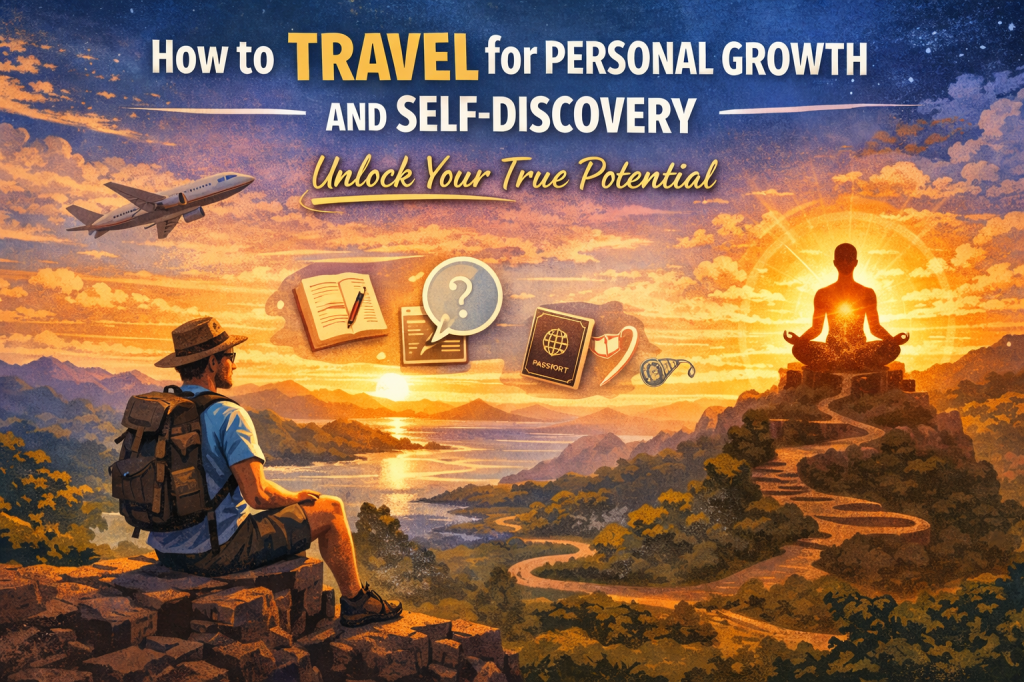 A digital illustration for the blog post 'How to Use Travel for Personal Growth and Self-Discovery: Unlock Your True Potential.' The image shows a traveler sitting on a cliff, gazing at a sunset over a mountainous landscape. In the background, a meditating figure sits on a mountain top, symbolizing self-discovery. Icons like a passport, a book, a question mark, and a winding path reflect themes of personal growth and travel. The vibrant colors of the sunset emphasize the transformative power of travel.