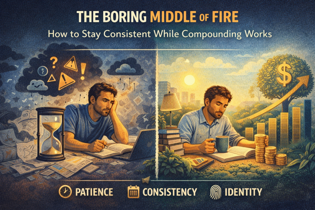 Split-screen illustration of the FIRE journey’s “boring middle”: on the left, a frustrated person waits beside an hourglass under dark clouds, symbolizing doubt and impatience during slow progress; on the right, the same person sits calmly in warm light as stacks of coins grow into an upward chart, representing consistency, patience, and compounding wealth over time.