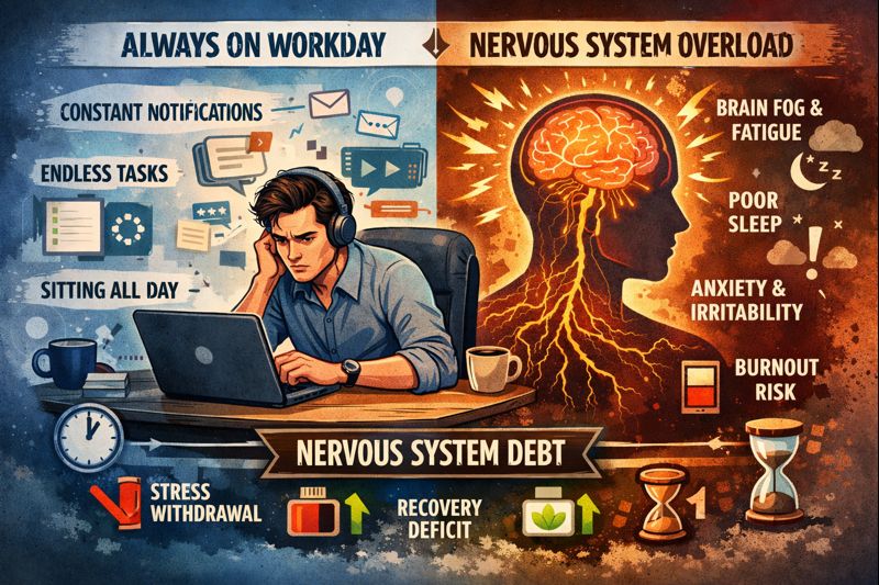Illustration showing an always-on workday overwhelming the nervous system: a desk worker surrounded by constant notifications and endless tasks on the left, and a glowing stressed brain on the right representing nervous system overload, brain fog, poor sleep, anxiety, and burnout caused by prolonged modern work stress.