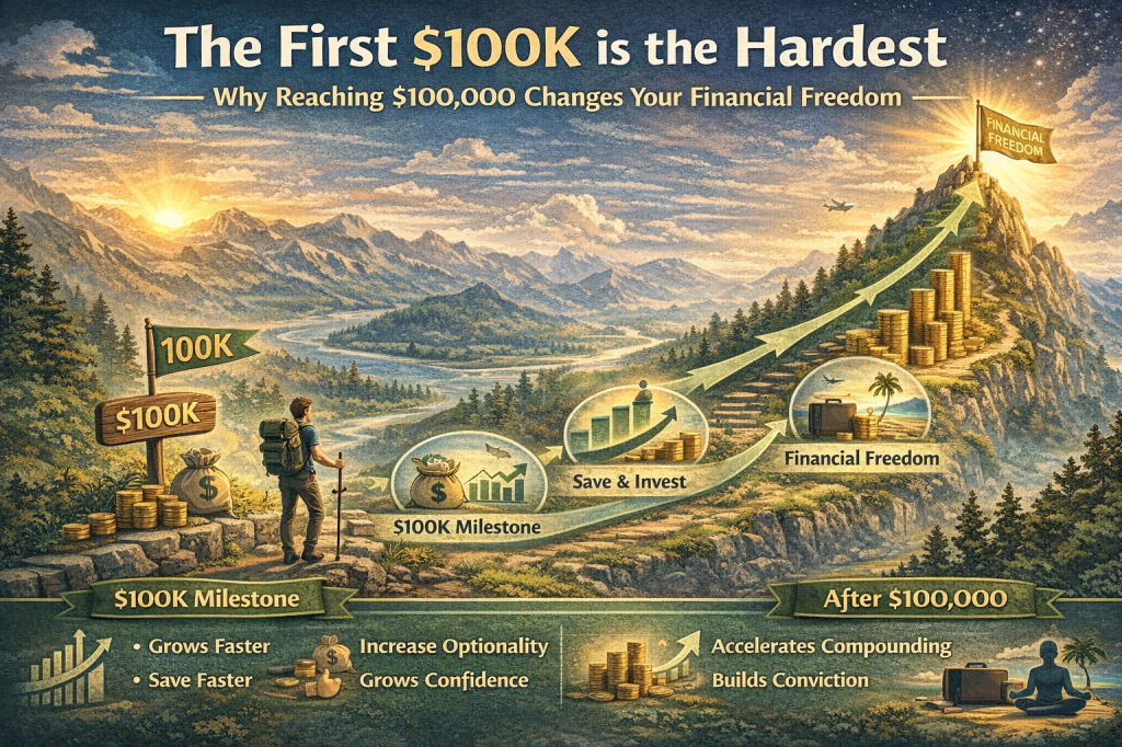 Landscape infographic-style illustration titled “The First $100K Is the Hardest,” depicting a person hiking toward a mountain labeled financial freedom, with a $100K milestone marker, rising stacks of coins, an upward growth curve, and visuals representing saving, investing, compounding, increased confidence, and optionality on the path to financial independence.