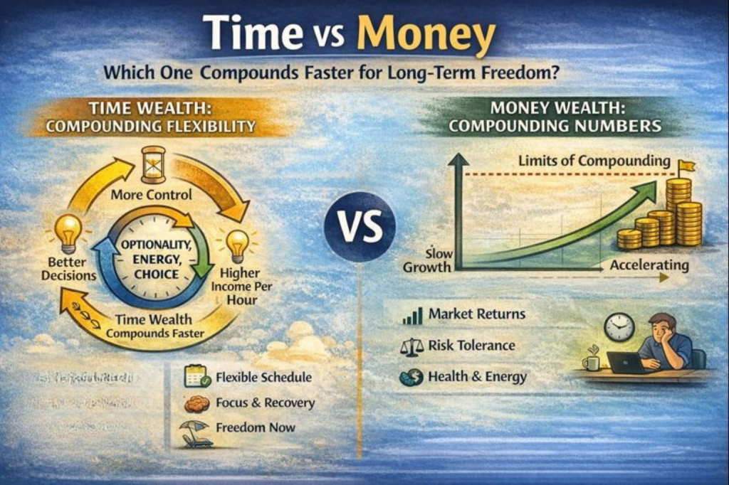 Infographic showing time vs money wealth, explaining how time wealth compounds faster for long-term freedom through flexibility, energy, and optionality, compared to money wealth compounding through investments and income.