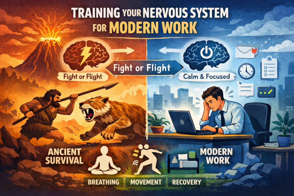 Illustration contrasting ancient survival stress with modern desk work: on the left, a caveman facing a wild animal labeled “ancient survival” and “fight or flight”; on the right, a stressed office worker at a computer labeled “modern work” and “calm & focused,” with icons for breathing, movement, and recovery showing how to train the nervous system for modern work and prevent burnout.