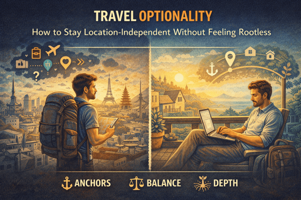 Split-screen illustration of location-independent living: on the left, a restless traveler with a backpack overlooks a city filled with landmarks, travel icons, and question marks symbolizing constant movement and uncertainty; on the right, the same person works calmly on a laptop from a sunlit balcony near a settled home, with symbols of anchors, balance, and roots representing sustainable travel optionality without feeling rootless.