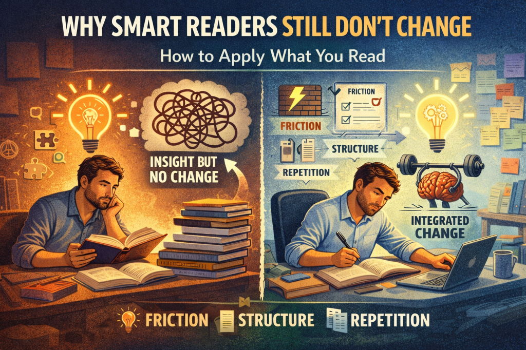 Split-screen illustration showing why reading doesn’t lead to change: on the left, a thoughtful reader surrounded by stacks of books and tangled thoughts labeled “insight but no change”; on the right, the same person actively applying ideas at a desk, with icons for friction, structure, and repetition leading to “integrated change,” illustrating how readers can apply what they read.