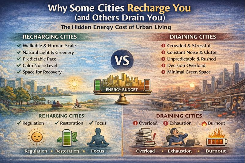 Infographic showing why some cities recharge you and others drain you, illustrating the hidden energy cost of urban living through differences in pace, noise, greenery, and daily cognitive load.