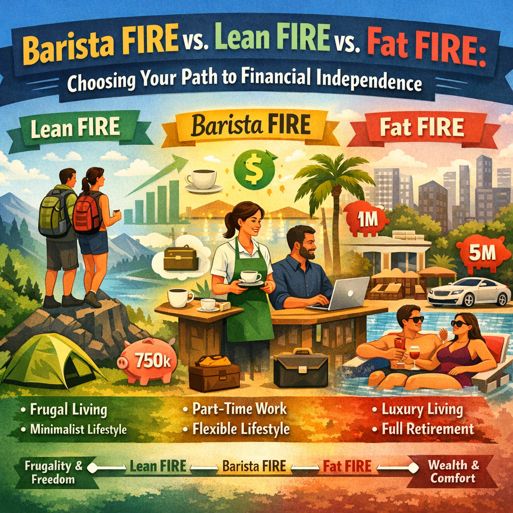 Illustrated infographic titled “Barista FIRE vs. Lean FIRE vs. Fat FIRE: Choosing Your Path to Financial Independence.” The image compares three financial independence lifestyles. On the left, **Lean FIRE** shows hikers with backpacks, a tent, and a piggy bank labeled “750k,” representing frugal living and a minimalist lifestyle. In the center, **Barista FIRE** depicts a person working part-time as a barista serving coffee to someone using a laptop, symbolizing flexible work and moderate savings. On the right, **Fat FIRE** shows a luxury scene with a large house, poolside couple, car, and icons labeled “1M” and “5M,” representing wealth, luxury living, and full retirement. A bottom scale runs from “Frugality & Freedom” through Lean FIRE and Barista FIRE to “Wealth & Comfort” at Fat FIRE.