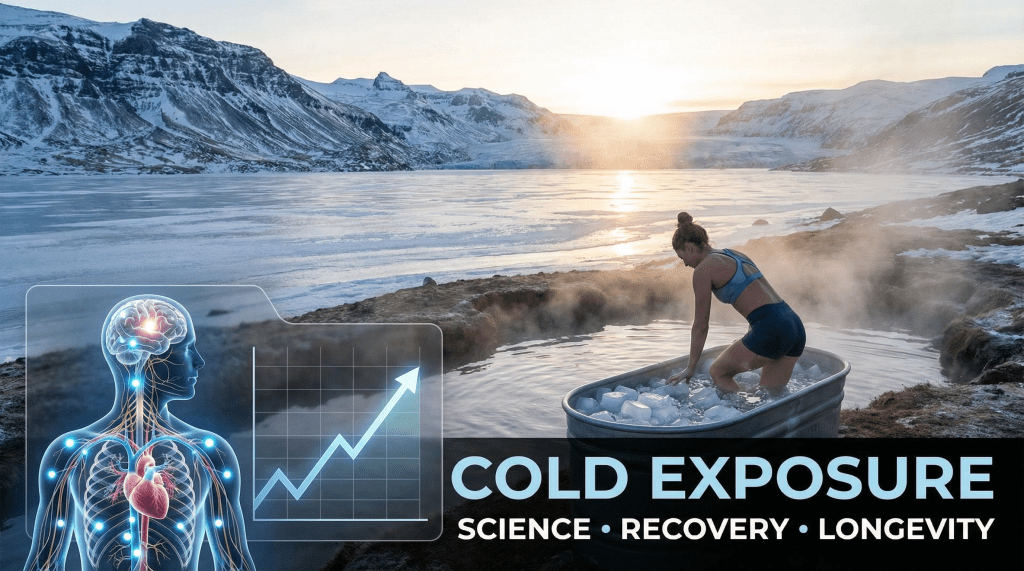 A person in athletic wear steps into a metal tub filled with ice water beside a steaming geothermal pool in a snowy mountain landscape at sunrise. An overlay graphic shows a human body with highlighted nervous system and heart alongside an upward-trending chart. Text reads: “Cold Exposure – Science • Recovery • Longevity".