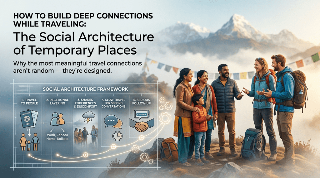 The image shows a group of four people, two women, a man, and a child from India, interacting with two Western hikers (a man and a woman), in a mountainous landscape. They are smiling and engaged in conversation. The scene highlights travel and cross-cultural connection, with prayer flags visible in the background and a snowy mountain range. The image is accompanied by a graphical overlay of the "Social Architecture Framework," which outlines steps for building meaningful connections while traveling, such as traveling to people, relational layering, shared experiences, slow travel for second conversations, and serious follow-up.