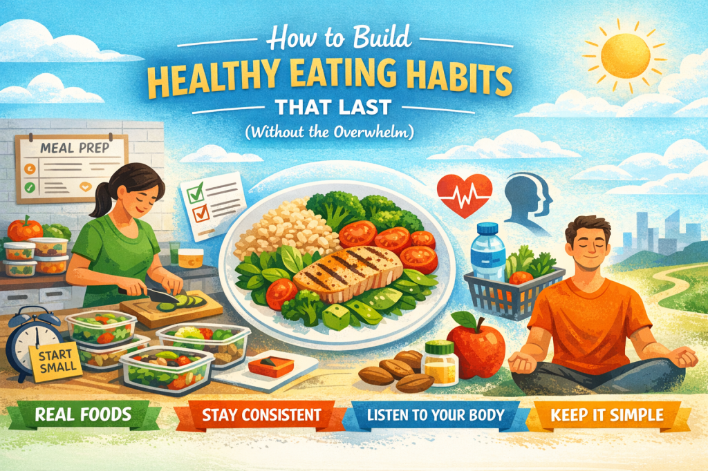 A colorful illustration summarizing healthy eating habits. On the left, a woman is meal prepping in a kitchen, with containers filled with fresh vegetables and a checklist labeled 'Meal Prep.' In the center, a balanced plate of grilled chicken, vegetables, and rice is displayed. To the right, a man meditates outdoors, symbolizing mindfulness and listening to your body. Surrounding the scene are visual elements like healthy food icons, water bottles, apples, and a shopping cart, with inspiring phrases like 'Start Small,' 'Stay Consistent,' 'Listen to Your Body,' and 'Keep It Simple'.