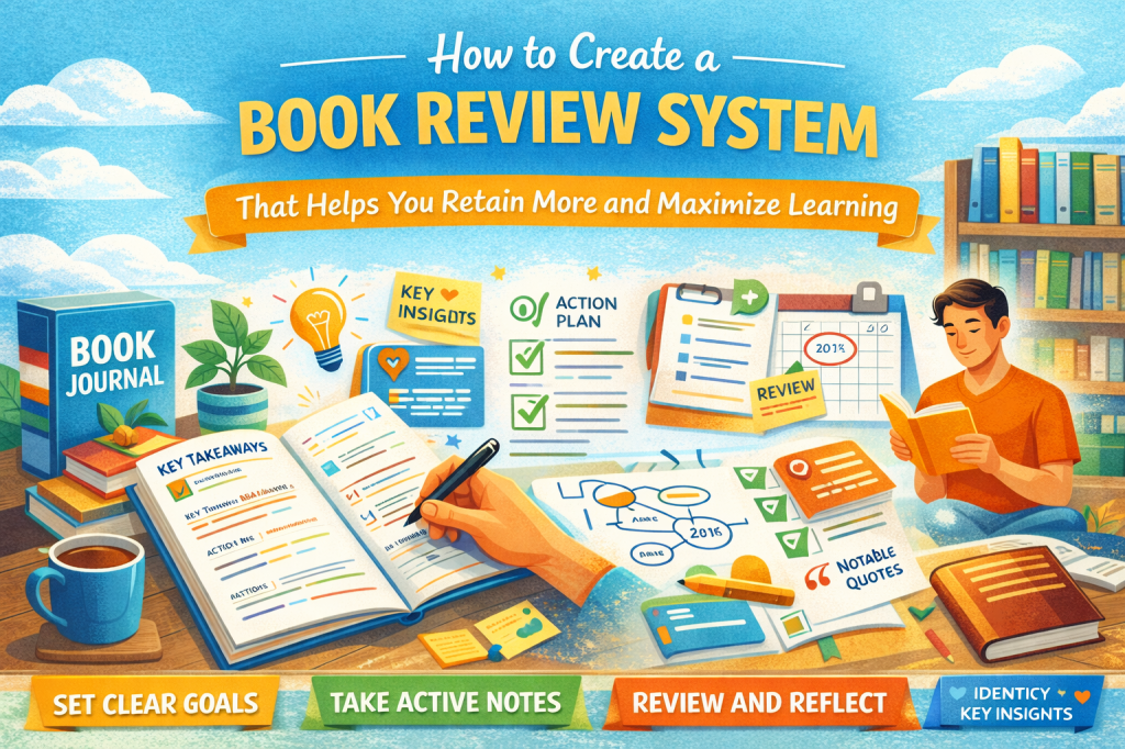 A vibrant digital illustration summarizing a book review system. A book journal lies open on a desk with handwritten notes on key takeaways, an action plan, and goals. A hand is actively writing in the journal, and nearby are visual elements like a mind map, sticky notes with key insights, and highlighted sections of a review. In the background, a person reads a book in front of a bookshelf. The scene emphasizes setting clear goals, taking active notes, reviewing material, and reflecting on key insights for better learning and retention.