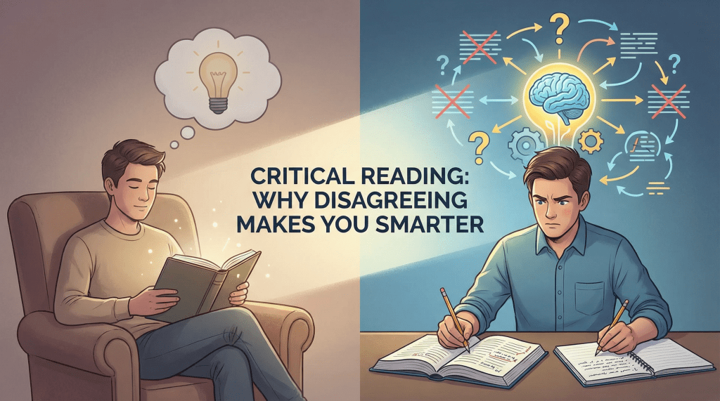 Illustration split into two halves: on the left, a relaxed person sits in a chair reading a book with a lightbulb in a thought bubble above their head; on the right, a focused person writes notes at a desk while a glowing brain icon is surrounded by arrows, question marks, and crossed-out ideas. Center text reads: “Critical Reading: Why Disagreeing Makes You Smarter.
