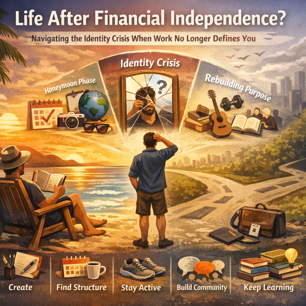 Illustrated poster titled “Life After Financial Independence? Navigating the Identity Crisis When Work No Longer Defines You.” The scene shows a man standing at a forked path on a beach, looking uncertain, while another version of him relaxes in a chair reading by the ocean. Above him are three phases: “Honeymoon Phase” (travel items like a calendar, camera, globe, sunglasses), “Identity Crisis” (a cracked mirror with a confused face), and “Rebuilding Purpose” (guitar, books, dumbbells, and people collaborating). At the bottom are suggested actions: “Create,” “Find Structure,” “Stay Active,” “Build Community,” and “Keep Learning,” illustrated with icons like a notebook, calendar, sneakers, speech bubbles, and books.