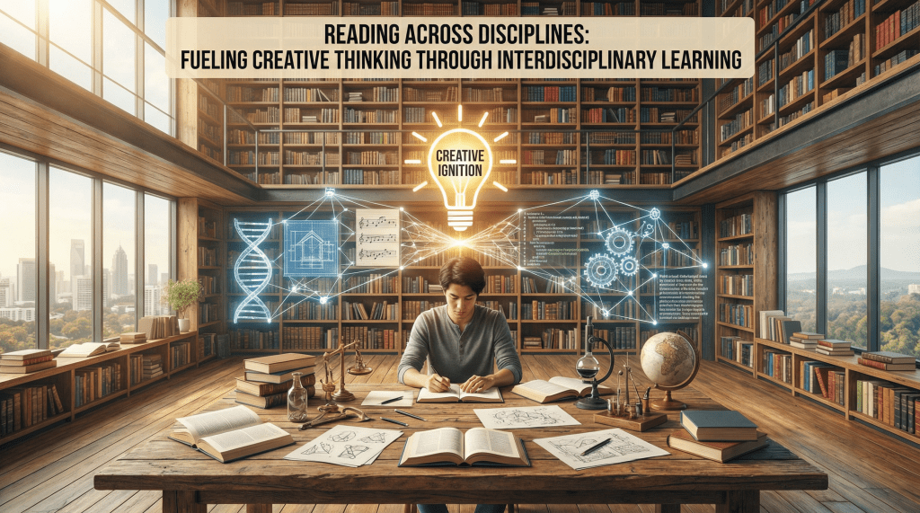 A student sits at a large wooden table in a bright library surrounded by bookshelves, reading and writing among open books, sketches, and scientific instruments; above them, a glowing lightbulb labeled “Creative Ignition” connects visual elements from different fields - DNA, architecture, music, engineering, and code - illustrating interdisciplinary learning and creative thinking.