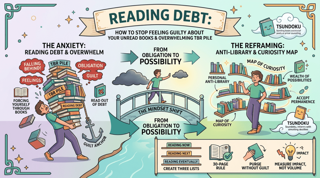 The image is an infographic addressing the concept of "Reading Debt" and how to stop feeling guilty about unread books and overwhelming TBR (To Be Read) piles. It depicts a person struggling under the weight of a large stack of books labeled "TBR PILE" and "READING DEBT," representing feelings of obligation and guilt. The infographic suggests shifting from a mindset of obligation to one of possibility, highlighting the "Map of Curiosity" and "Anti-Library" as tools for reframing. Tips are provided, such as creating three reading lists ("Reading Now," "Reading Next," "Reading Eventually"), using the "30-Page Rule," and purging books without guilt. The image also includes "Tsundoku," a Japanese term for acquiring books without reading them, and emphasizes measuring the impact of books rather than their volume.