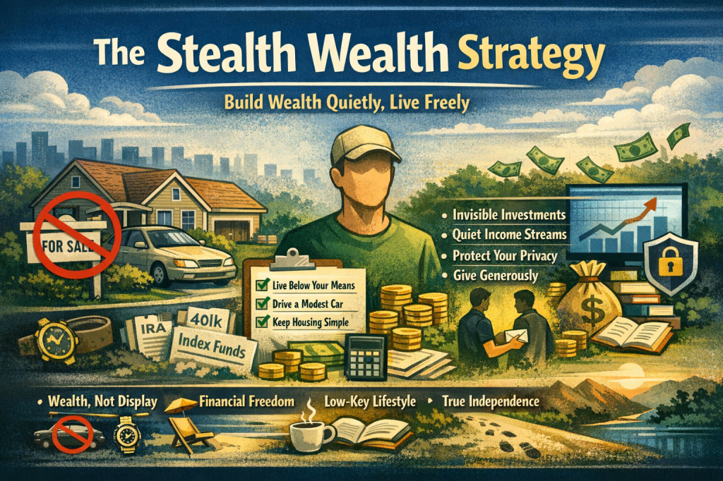 A digital illustration titled "The Stealth Wealth Strategy" featuring the phrase "Build Wealth Quietly, Live Freely." The image shows a modest house and used car with a "For Sale" sign crossed out. A person wearing a cap stands with a list of wealth-building principles, including living below your means, driving a modest car, and keeping housing simple. Icons of invisible investments, quiet income streams, privacy protection, and generosity surround the figure. At the bottom, symbols represent wealth, financial freedom, a low-key lifestyle, and true independence.