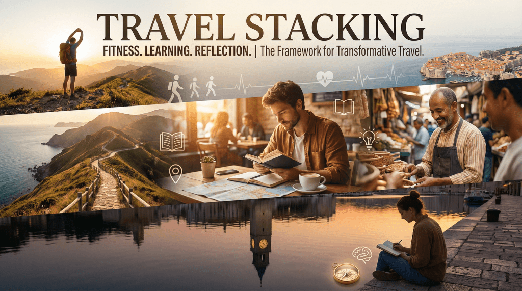 Wide banner graphic titled “Travel Stacking: Fitness. Learning. Reflection. | The Framework for Transformative Travel.” The collage shows multiple travel experiences: a backpacker standing on a mountain ridge at sunrise; a scenic coastal hiking path; a traveler reading a book and studying a map in a café; a friendly market vendor serving food in a bustling street market; and a person journaling by calm waterfront at sunset. Simple icons (walking figures, heartbeat line, book, location pin, lightbulb, brain, and compass) overlay the scenes, symbolizing combining physical activity, learning, and personal reflection during travel. A coastal European-style town appears in the background, reinforcing the theme of meaningful, growth-oriented travel.