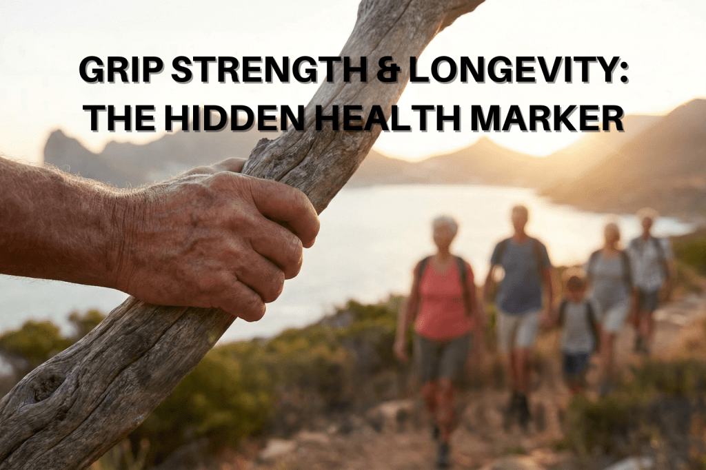 Close-up of a person’s hand gripping a wooden hiking stick in the foreground, symbolizing grip strength, with a group of people walking along a scenic lakeside trail at sunset in the background; overlaid text reads “Grip Strength & Longevity: The Hidden Health Marker.