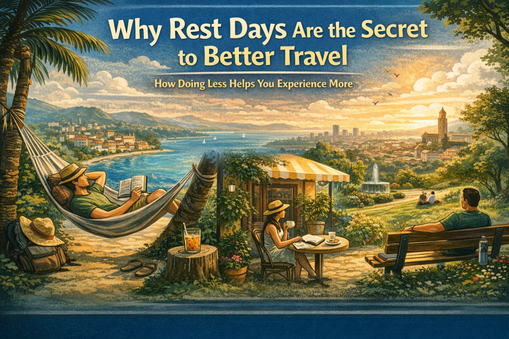 A vibrant digital illustration titled "Why Rest Days Are the Secret to Better Travel," featuring three serene travel scenes. On the left, a man relaxes in a hammock by the sea, reading a book. In the middle, a woman enjoys coffee and reading at a café. On the right, a man sits on a park bench, quietly observing the cityscape with a beautiful sunset in the background. The warm sunlight and natural colors create a calm and inviting atmosphere.