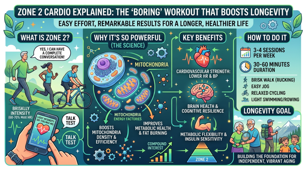 The image illustrates the concept of Zone 2 cardio, a workout focused on moderate effort that supports longevity and overall health. The infographic explains Zone 2 cardio with a focus on benefits, the science behind it, and how to implement it in your routine. Key points include the importance of mitochondria in boosting energy production, the cardiovascular and brain health benefits, and improving metabolic flexibility. It also shows recommended activities like brisk walking, light jogging, cycling, and swimming. The infographic emphasizes achieving 3-4 sessions per week, lasting 30-60 minutes, to build a foundation for independent, vibrant aging. The "talk test" is used to measure intensity, ensuring that it's a moderate workout where you can still hold a conversation.