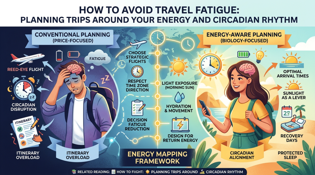 Infographic titled “How to Avoid Travel Fatigue: Planning Trips Around Your Energy and Circadian Rhythm.”

Left side shows “Conventional Planning (price-focused)” with a tired traveler experiencing circadian disruption, red-eye flights, and itinerary overload, leading to fatigue.

Center column presents an “Energy Mapping Framework” with tips: choose strategic flights, respect time zone direction, reduce decision fatigue, get morning light exposure, stay hydrated and move, and design for return energy.

Right side shows “Energy-Aware Planning (biology-focused)” with a happy traveler aligned with circadian rhythm, emphasizing optimal arrival times, sunlight use, recovery days, and protected sleep.