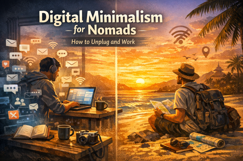 A split-screen illustration contrasts two lifestyles. On the left, a person wearing headphones works on a laptop at a cluttered desk with coffee cups, a notebook, a camera, and floating digital icons like email, chat bubbles, Wi-Fi, and notifications, symbolizing a busy, connected digital life. On the right, another person sits on a beach at sunset with a backpack, maps, and sunglasses, surrounded by palm trees, mountains, and a temple-like structure, representing a peaceful, unplugged travel lifestyle. Text reads: “Digital Minimalism for Nomads - How to Unplug and Work”.