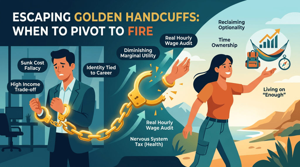 Infographic titled “Escaping Golden Handcuffs: When to Pivot to FIRE.” On the left, a stressed office worker in a suit is chained by golden handcuffs, with labels like “sunk cost fallacy,” “high income trade-off,” and “identity tied to career.” In the center, the chain breaks apart with arrows pointing to concepts such as “diminishing marginal utility,” “real hourly wage audit,” and “nervous system tax (health).” On the right, a smiling person walks freely in an outdoor setting, representing financial independence, with phrases like “reclaiming optionality,” “time ownership,” and “living on ‘enough,’” alongside icons of travel, growth, and lifestyle freedom.