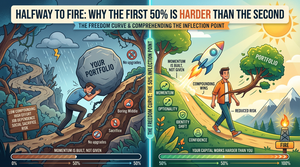 Illustration titled “Halfway to FIRE: Why the First 50% Is Harder Than the Second.” The left half shows a dark, stormy uphill path where a man struggles to push a huge boulder labeled “Your Portfolio,” with signs noting low compounding, high effort, job dependence, social sacrifice, risk, and “no upgrades.” A progress bar reaches 50% at the center “inflection point.” The right half becomes bright and sunny: the path slopes downward as the same person walks easily while a rocket launches, symbolizing accelerating growth. Labels highlight momentum, optionality, identity shift, confidence, reduced risk, and “your capital works harder than you,” ending at 100% with “FIRE".