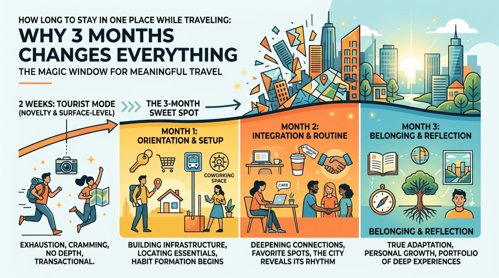 Infographic titled “How Long to Stay in One Place While Traveling: Why 3 Months Changes Everything.” A curved timeline compares short travel with a three-month stay. On the left, “2 weeks: tourist mode” shows two travelers rushing with a camera and map, labeled as exhausting, crammed, and surface-level. The center and right are split into three color-coded panels: Month 1, “Orientation & Setup,” with icons for keys, shopping, transit, housing, and coworking; Month 2, “Integration & Routine,” with a laptop, café table, coffee, and people shaking hands; Month 3, “Belonging & Reflection,” with a book, globe, compass, tree, and portrait. Above, a cityscape shifts from fragmented and chaotic to calm and sunny, reinforcing the message that meaningful travel deepens over three months.