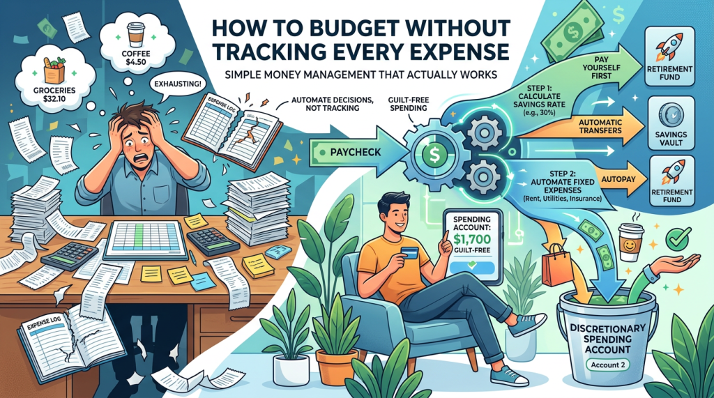 Illustrated infographic titled “How to Budget Without Tracking Every Expense.” On the left, a stressed person sits at a cluttered desk surrounded by receipts, bills, and expense logs, with thought bubbles showing small purchases like groceries and coffee. On the right, a relaxed person sits comfortably using a phone, representing a simplified budgeting system. Arrows and icons show a step-by-step flow: receiving a paycheck, calculating a savings rate, paying yourself first, automating transfers and fixed expenses, and directing money into accounts like retirement, savings, and discretionary spending. The overall message contrasts overwhelming manual expense tracking with an automated, stress-free budgeting approach.