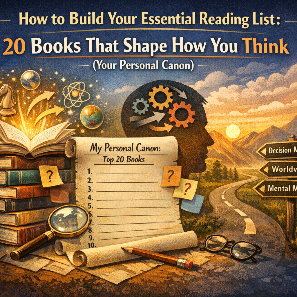 An infographic titled **"How to Build Your Essential Reading List: 20 Books That Shape How You Think (Your Personal Canon)."**

The image features several symbolic elements:
*   **Center:** A blank scroll titled "My Personal Canon: Top 20 Books" rests on a wooden table, accompanied by a pencil, a magnifying glass, and glasses. 
*   **Left:** A tall stack of books with an open book at the top emitting glowing symbols of a globe, an atom, and a chess piece, representing diverse fields of knowledge.
*   **Center-Right:** A silhouette of a human head containing interlocking gears, suggesting the process of thinking and mental transformation.
*   **Right:** A winding road leads through a valley toward a bright sunset over mountains. Signposts along the road point to "Decision Making," "Worldview," and "Mental Models."
*   **Accents:** Several yellow sticky notes with question marks are scattered around, emphasizing the process of inquiry and selection.