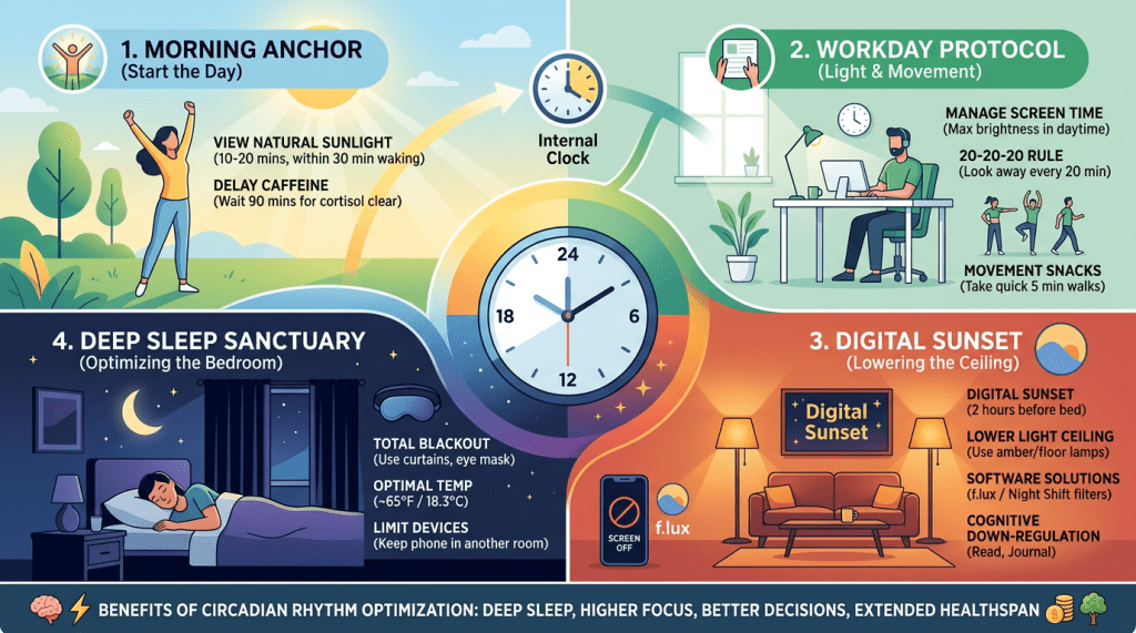 Infographic about optimizing circadian rhythm across a 24-hour day, centered on a clock labeled “internal clock.” It’s divided into four sections:

1. **Morning Anchor (Start the Day):** A person stretching in sunlight. Tips: get 10–20 minutes of natural sunlight within 30 minutes of waking; delay caffeine ~90 minutes.

2. **Workday Protocol (Light & Movement):** A person working at a desk. Tips: manage screen brightness (max in daytime), follow the 20-20-20 rule (look away every 20 minutes), and take short movement breaks (5-minute walks).

3. **Digital Sunset (Lowering the Ceiling):** Evening living room scene with warm lighting. Tips: begin a “digital sunset” 2 hours before bed, lower light levels (use amber/floor lamps), use screen filters (e.g., f.lux/night shift), and wind down cognitively (read, journal).

4. **Deep Sleep Sanctuary (Optimizing the Bedroom):** A person sleeping in a dark room. Tips: total blackout (curtains/eye mask), cool temperature (~65°F / 18.3°C), and limit devices (keep phone in another room).

Bottom banner lists benefits: deeper sleep, higher focus, better decisions, and extended healthspan.
