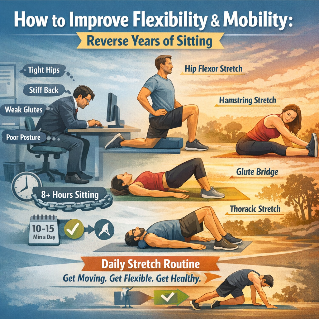An infographic titled "How to Improve Flexibility & Mobility: Reverse Years of Sitting." 

The left side of the image depicts a man in a suit hunched over a desk, illustrating the negative effects of "8+ Hours Sitting," such as tight hips, a stiff back, weak glutes, and poor posture. 

The right side and bottom show individuals performing a "Daily Stretch Routine" in a warm, sunset-lit outdoor setting. The illustrated exercises include:
*   **Hip Flexor Stretch:** A kneeling lunge.
*   **Hamstring Stretch:** Sitting on the ground with one leg extended and reaching for the toes.
*   **Glute Bridge:** Lying on the back with knees bent and hips lifted.
*   **Thoracic Stretch:** Lying on a foam roller placed under the upper back.
*   A final image shows a person in a dynamic quadruped stretch.

The bottom of the graphic encourages viewers to spend "10-15 Min a Day" on these exercises to "Get Moving. Get Flexible. Get Healthy."