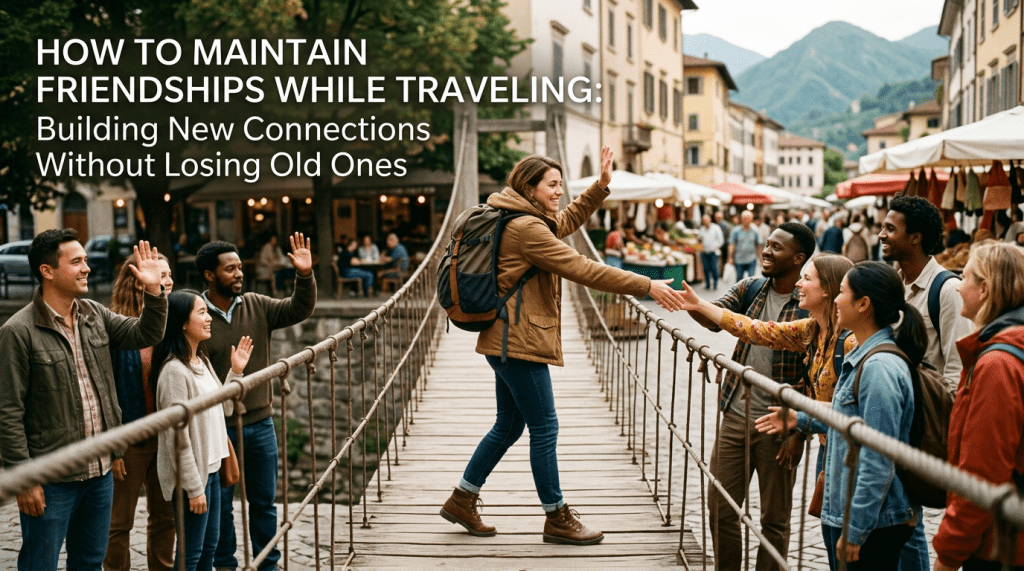A smiling woman traveler, wearing a backpack and brown jacket, stands on a rustic wooden suspension bridge. She extends her hand to greet a diverse group of four smiling people on the right, who are also reaching out to her. To her left, another diverse group of four people wave cheerfully. The background shows a bustling European street market with colorful stalls, old buildings, and distant green mountains under a bright sky. Overlaid text reads: "HOW TO MAINTAIN FRIENDSHIPS WHILE TRAVELING: Building New Connections Without Losing Old Ones."