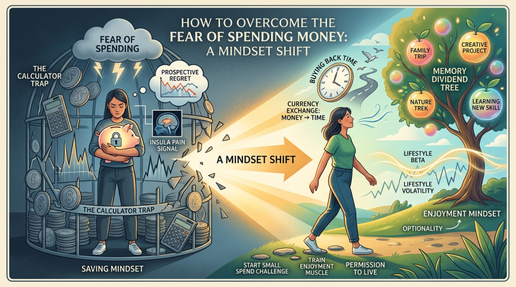 Infographic titled “How to Overcome the Fear of Spending Money: A Mindset Shift.” On the left, a stressed person clutches a locked piggy bank inside a cage labeled “the calculator trap,” surrounded by coins, charts, and warnings like “fear of spending,” “prospective regret,” and “insula pain signal,” representing a restrictive saving mindset. An arrow points right to a brighter scene where the same person walks freely outdoors, symbolizing a shift toward spending for meaningful experiences. A tree labeled “memory dividend” shows outcomes like family trips, learning new skills, and creative projects, alongside ideas like “buying back time,” “enjoyment mindset,” and “optionality”.